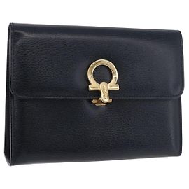 Pochette in pelle Salvatore Ferragamo Gancini Navy Gold Auth BA13433A