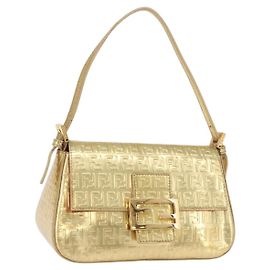 Borsa a tracolla FENDI Zucchino Canvas Mamma Baguette in pelle Oro Autentica 184388M