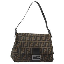 FENDI Zucca Canvas Mamma Baguette Shoulder Bag Black Brown Auth 184903SAM
