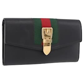 GUCCI Silvi Web Sherry Line Long Wallet Leather Black Red 476084 Auth am11867V