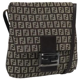 Borsa a Spalla FENDI Zucchino Canvas Marrone Argento Auth 185660