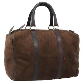 Borsa Boston Christian Dior Trotter Canvas Scamosciato Marrone Oro Auth ep14691