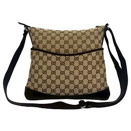 Bolso de hombro GUCCI en lona con monograma GG y cuero perforado