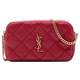 Saint Laurent Bolso Bandolera Becky Mini de Piel de Cordero Acolchado Rojo con Doble Cremallera