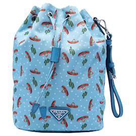 Sombrero Tessuto Azul de Prada y Bolsa de Cactus con Cuerda