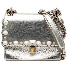 Fendi Silver Mini Scalloped Metallic Leather and Pearls Kan I Crossbody