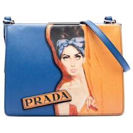 Prada Blue Limited Edition Saffiano Face Art Print Light Frame Crossbody