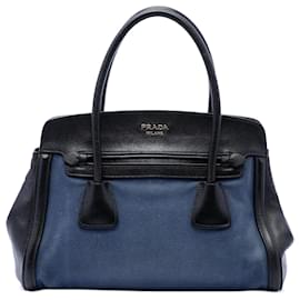 Borsa Prada Bicolor Blu in Tela con Bordi in Pelle Saffiano