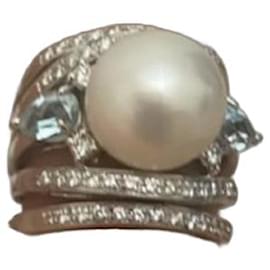 Autre Marque 18K Goldring mit Perle, Aquamarin und Diamanten
