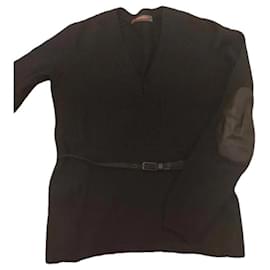 Prada Maglione in Lana Nera con Dettagli in Pelle