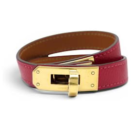 HERMES KELLY DOUBLE TOUR BRACELET IN SWIFT LEATHER RED H064642 S 16CM BANGLE - Hermès