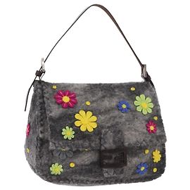 FENDI Sac bandoulière Floral Mamma Baguette en feutre Gris Argenté Authentique 185390SAM