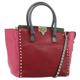 Bolso Tote VALENTINO Studs de piel 2way Rojo Oro Auth BA13391A