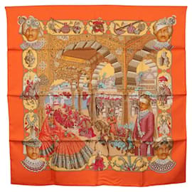 Lenço HERMES Carre 90 ""MAHARAJAS"" Seda Laranja Autêntico am11861M - Hermès