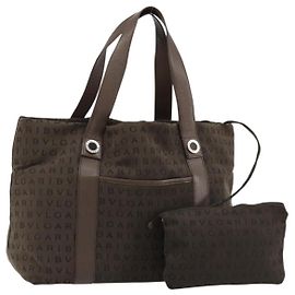Bulgari BVLGARI Logo Mania Tote Bag Canvas Braun Silber Auth 184540