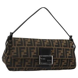 FENDI Zucca Canvas Mamma Baguette Shoulder Bag Black Brown Auth 184907SAM