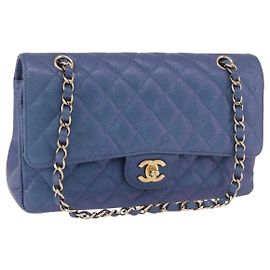 CHANEL Borsa a Spalla Chain Matelasse 25 Pelle di Caviale Blu Oro CC Auth 185395SM