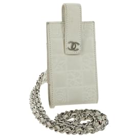 CHANEL icon Chain Shoulder Pouch Lamb Skin White Silver CC Auth 184233A