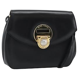 Bolsa de Ombro Gianni Versace em Couro Preto e Dourado Auth BA13310A