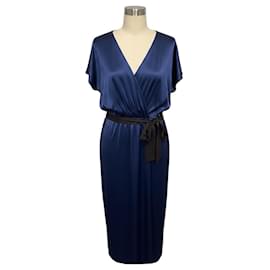Vestido midi de cetim de seda de manga curta azul marinho Max Mara