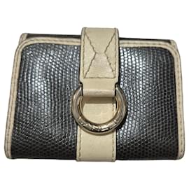 Lancel Signature Ring Leather Card Holder Wallet - Black/Beige