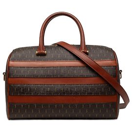 Borsa Boston a righe in tela rivestita e pelle con monogramma marrone Saint Laurent