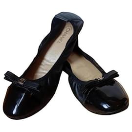 Chanel Black Leather Ballet Flats Patent Cap Toe