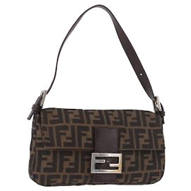 FENDI Zucca Canvas Mamma Baguette Shoulder Bag Black Brown Auth 184826M