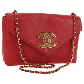 CHANEL Bolsa de Ombro com Corrente Bicolor em Pele de Cordeiro Vermelho Ouro CC Auth BA13416V