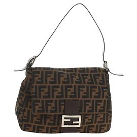 FENDI Zucca Canvas Mamma Baguette Shoulder Bag Black Brown Auth BA13419SAV
