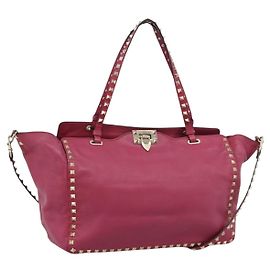 Borsa Tote VALENTINO Studs in pelle 2way Pink Gold Auth BA13360