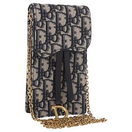 Portacellulare con catena Christian Dior Trotter Canvas Saddle Navy Gold Auth 185492M