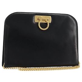 Borsa a Spalla Salvatore Ferragamo Gancini in Pelle Nera e Oro Auth 185103A