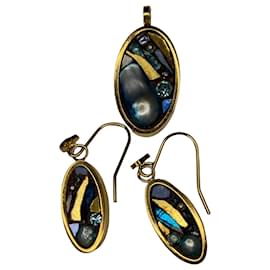 Handcrafted Gold-Tone Pendant and Earrings Set - Blue Mosaic - Autre Marque
