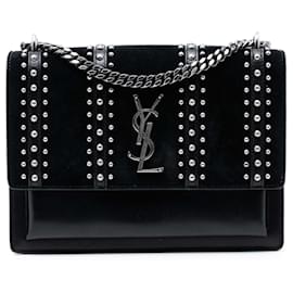 Saint Laurent Borsa a tracolla Monogram Sunset in scamosciato e pelle di vitello nero con borchie, taglia Medium