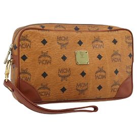 Clutch MCM Vicetos Logogram in pelle PVC Marrone Oro Auth ar13951