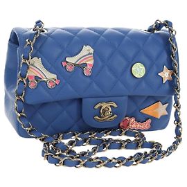 CHANEL Mini Matelasse 20 Chain Shoulder Bag Lamb Skin Blue Gold CC Auth 183794SM