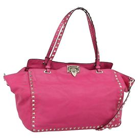 Bolsa Tote VALENTINO Studs de couro 2way Pink Gold Auth BA13295