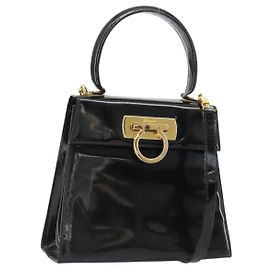Salvatore Ferragamo Gancini Handtasche Leder 2way Schwarz Gold Auth 185010