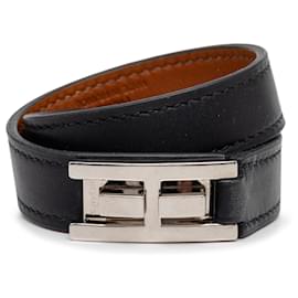 Hermès Black Leather Drag Double Tour Wrap Bracelet T1