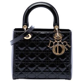 Dior Lady Dior Cannage in vernice nero, misura Medium
