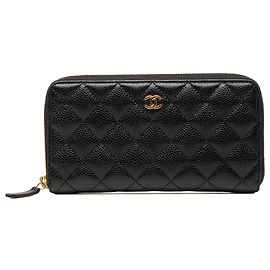 Cartera larga Chanel Black CC acolchada Caviar Zip Around
