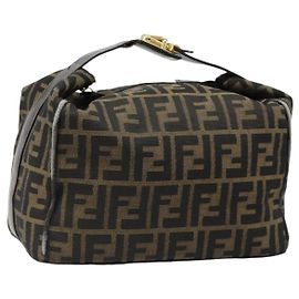 FENDI Zucca Canvas Vanity Hand Bag Black Brown Auth 185538