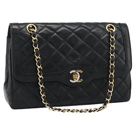 CHANEL Matelasse Chain Bag Lamb Skin Paris Limited Black Gold CC Auth 186838SAV