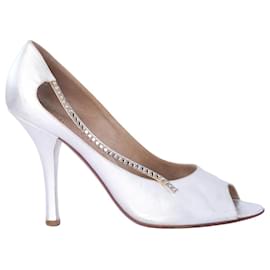 Scarpe con tacco aperto Louis Vuitton in pelle metallizzata argento opaco e strass