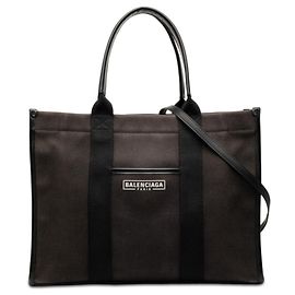 Borsa Tote Media in Tela e Pelle Marrone Scuro Balenciaga