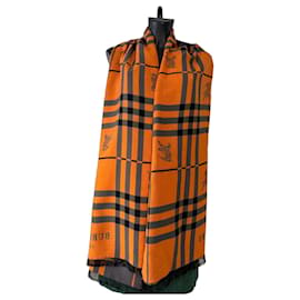 Sciarpa Burberry Check in Cashmere e Lana - Arancione e Grigio