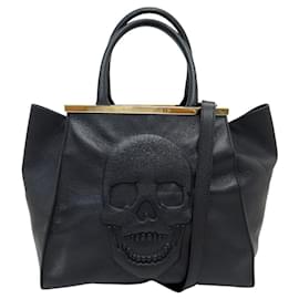 PHILIPP PLEIN SKULL KORBHANDTASCHE AUS KORNGEGRÄNTER LEDER SCHWARZ MIT SCHULTERRIEMEN - Philipp Plein
