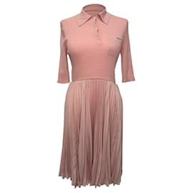 Vestido midi de lana rosa de punto acanalado y plissé Prada