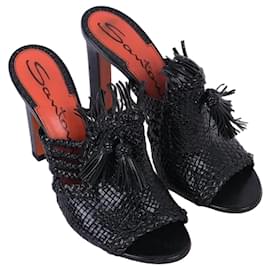 Santoni Schwarze Korb- und Ledersandalen
